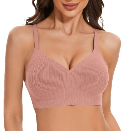 Wireless Push Up Bras for Women Comfortable Support Seamless Bra Ribbed V-Neck Bra Padded Bralette