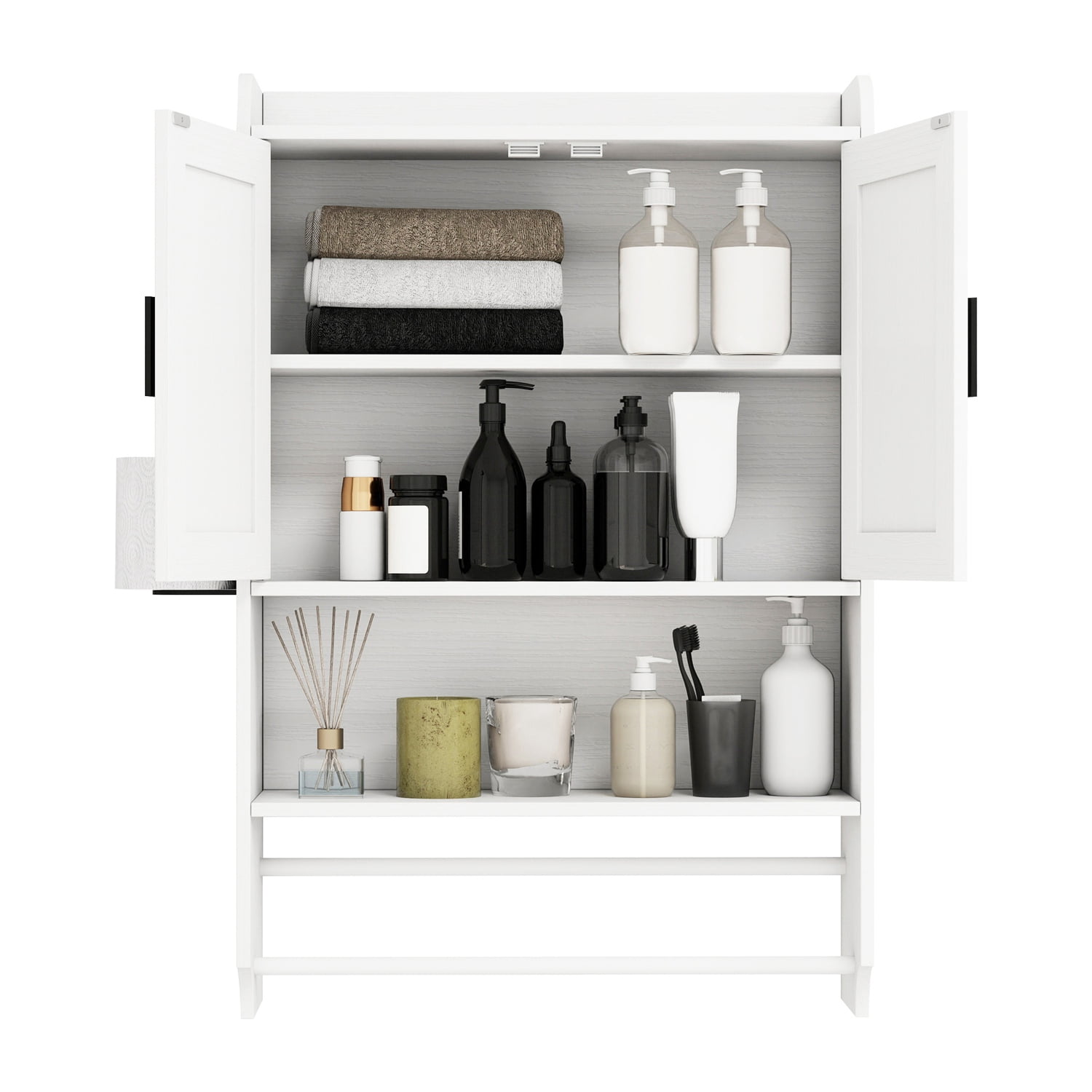 Astoutdoor Wall-Mounted Bathroom Storage Cabinet, Engineered Wood with Adjustable Shelf, Towel Bar, Toilet Paper Holder, Open Shelf, White