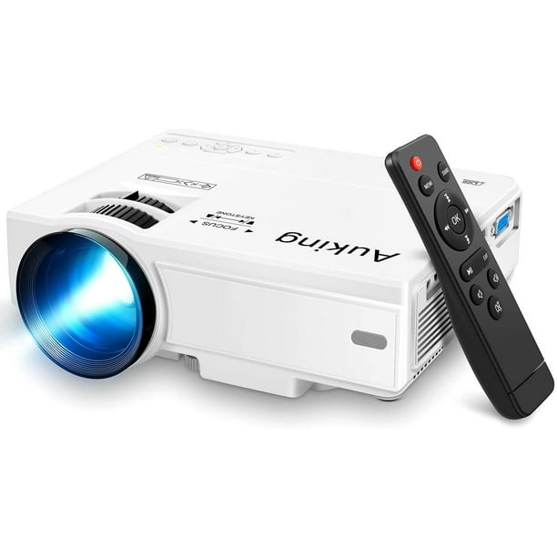 Proyector Mini AuKing 2021 Upgraded, Portátil, Ideal para Cine en Casa, Full HD 1080P, HDMI, VGA, USB, AV, Laptop, Smartphone