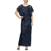 Alex Evenings Long Blouson Column Dress with Flutter Sleeves (Womens, Navy, 4)
