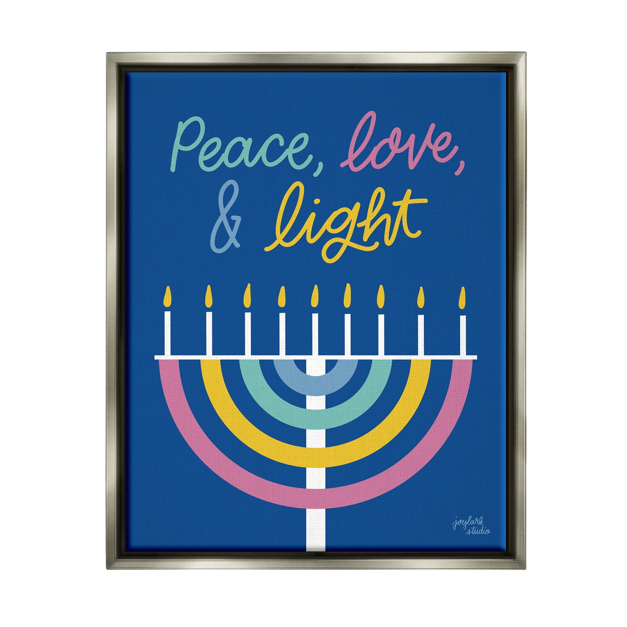 Stupell Industries Peace Love & Light Casual Holiday Hanukkah Menorah Graphic Art Luster Gray Floating Framed Canvas Print Wall Art, Design by Jess Baskin