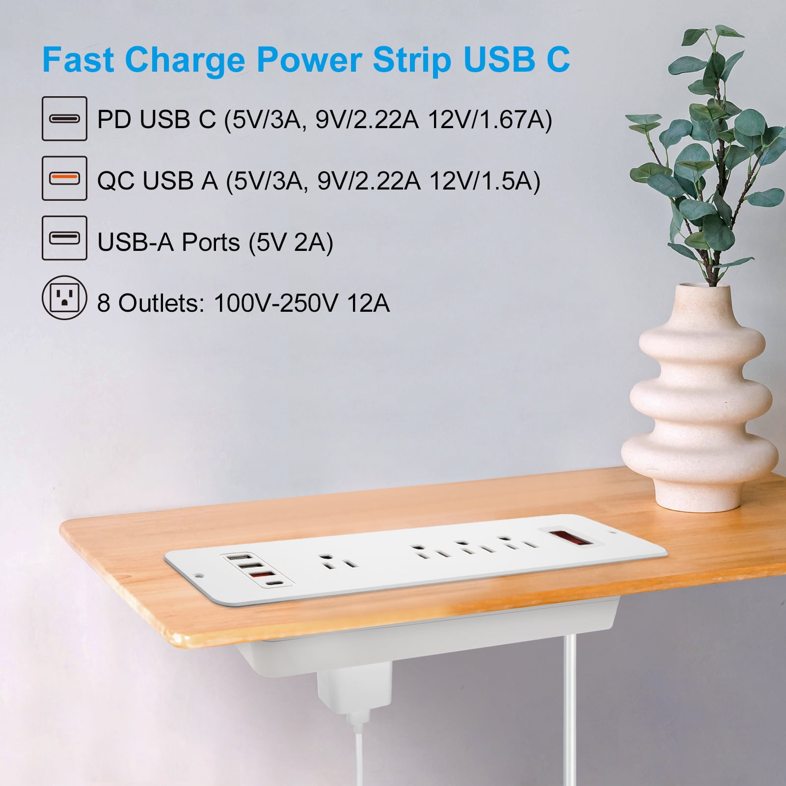8 Outlets Double Side Recessed Power Strip with USB C PD 20W, Flush Mount Fast Charge Desktop Power Extender Built in Under Desk Multiple Power Outlets Flat Plug for Furniture Table Conference
