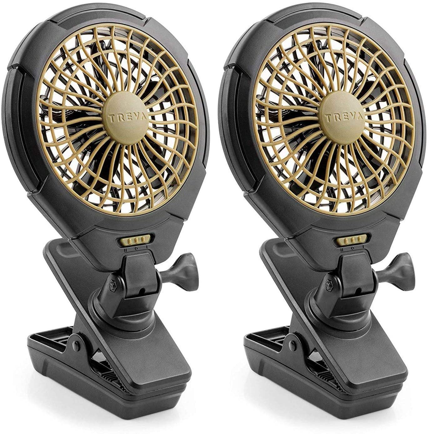 Treva 5 Inch Battery Powered Clip Fan, Slim and Portable with Clamp for Travel, Outdoor, Camping, Car, Office Desk, Baby Stroller, Multi-Directional Rotating and Adjustable Head - 2 Pack Khaki