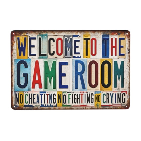 Welcome to the Game Room Metal Wall Sign 8X12 Inch, Vintage Rustic Plaque Decor with Colorful Lettering Design, No Cheating No Fighting No Crying Quote Artwork, Retro Indoor Outdoo