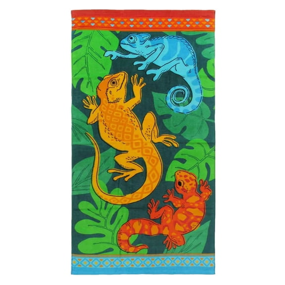 Kids Colorful Lizards Cotton Beach Towel, 28x58 Green & Orange