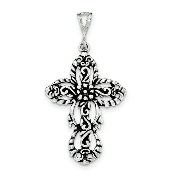 Sterling Silver Antiqued Large Beaded Cut-out Cross Pendant
