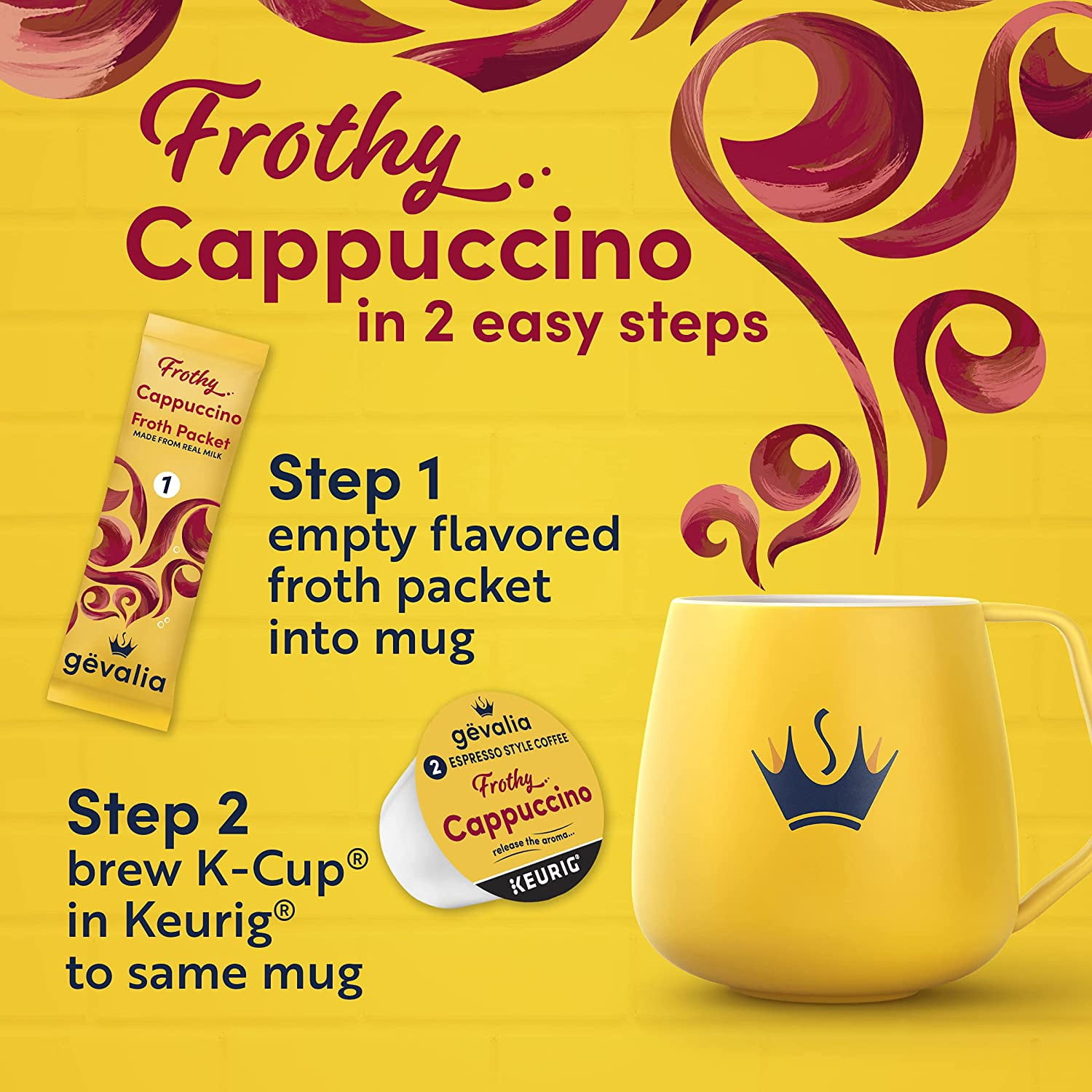 Gevalia Frothy 2-Step Cappuccino Espresso K-Cup Coffee Pods & Froth Packets Kit (36 Ct Pack, 3 Boxes Of 12 Pods With Packets)
