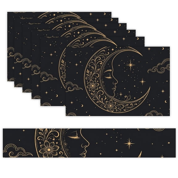 7 Piece Linen Table Runner and Placemats Set, Moon Face Floral Round Corner Heat Resistant Washable Table Mats for Home Kitchen Dining Party Decoration