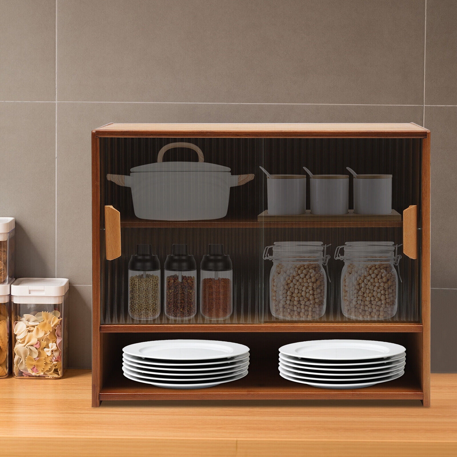 SENDERPICK Kitchen Pantry Sideboard Bamboo Small Storage Cabinet Sliding Door Cupboard