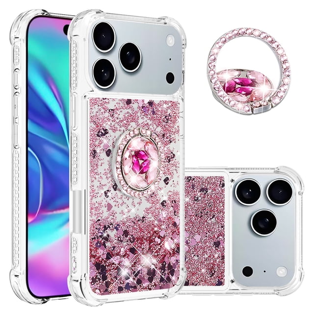 GANGXUN Funda Glitter Líquida para iPhone 17 Pro con Anillo Brillante, TPU Antichoques y Esquinas Reforzadas, Soporte