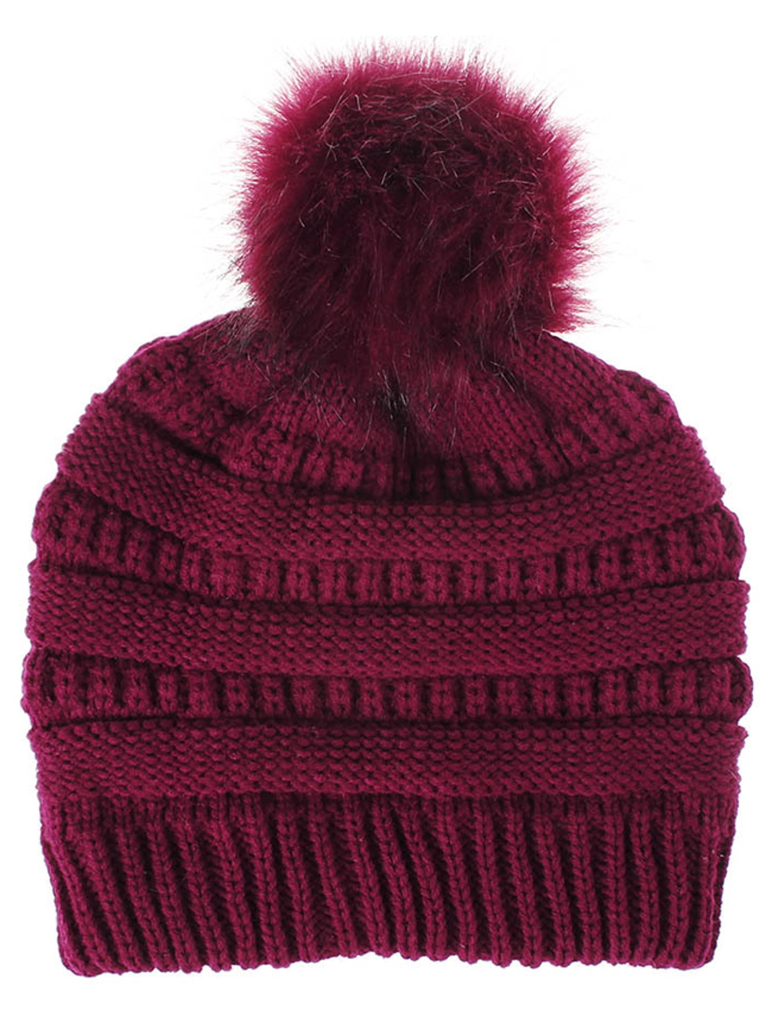 Women\'s Red Winter Warm Knitted Beanie Faux Fur Pom Knit Skull Style Hat Cap Newbee Fashion - Women Winter soft Knitted Beanie Hat Faux  main image 2