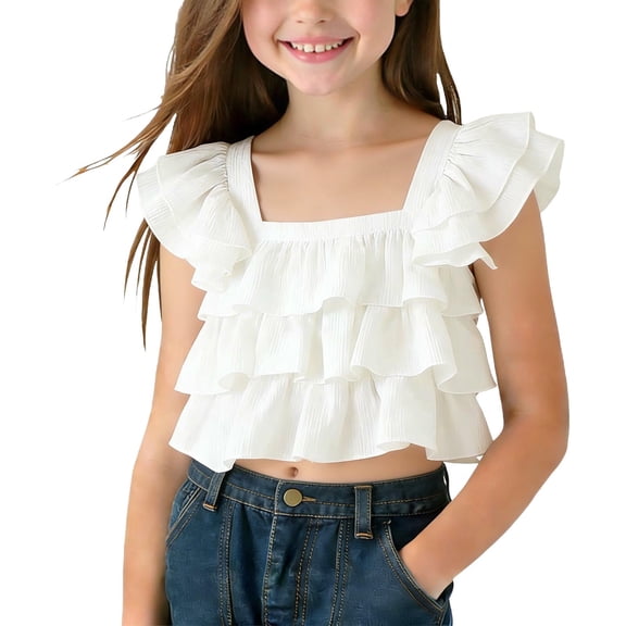 FAHXNVB Girls Ruffle Trim Crop Tops Square Neck Three Layer Breathable Summer Sleeveless Shirts Lightweight Cute Blouses 2-13 Years