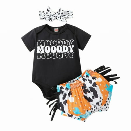 

GWAABD Baby Spring Clothes Girl Black Cotton Girls Black Short Sleeved MOOODY Letter Print Crawl Clothes Shorts Hair Accessories Three Sets 90