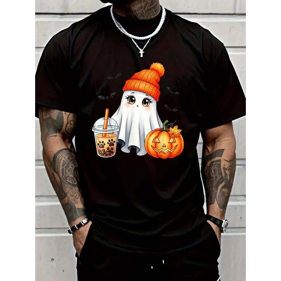 Handsome Ghost Holding Jack-O'-Lantern and Iced Coffee Halloween T-Shirt, Autumn Tops For Men