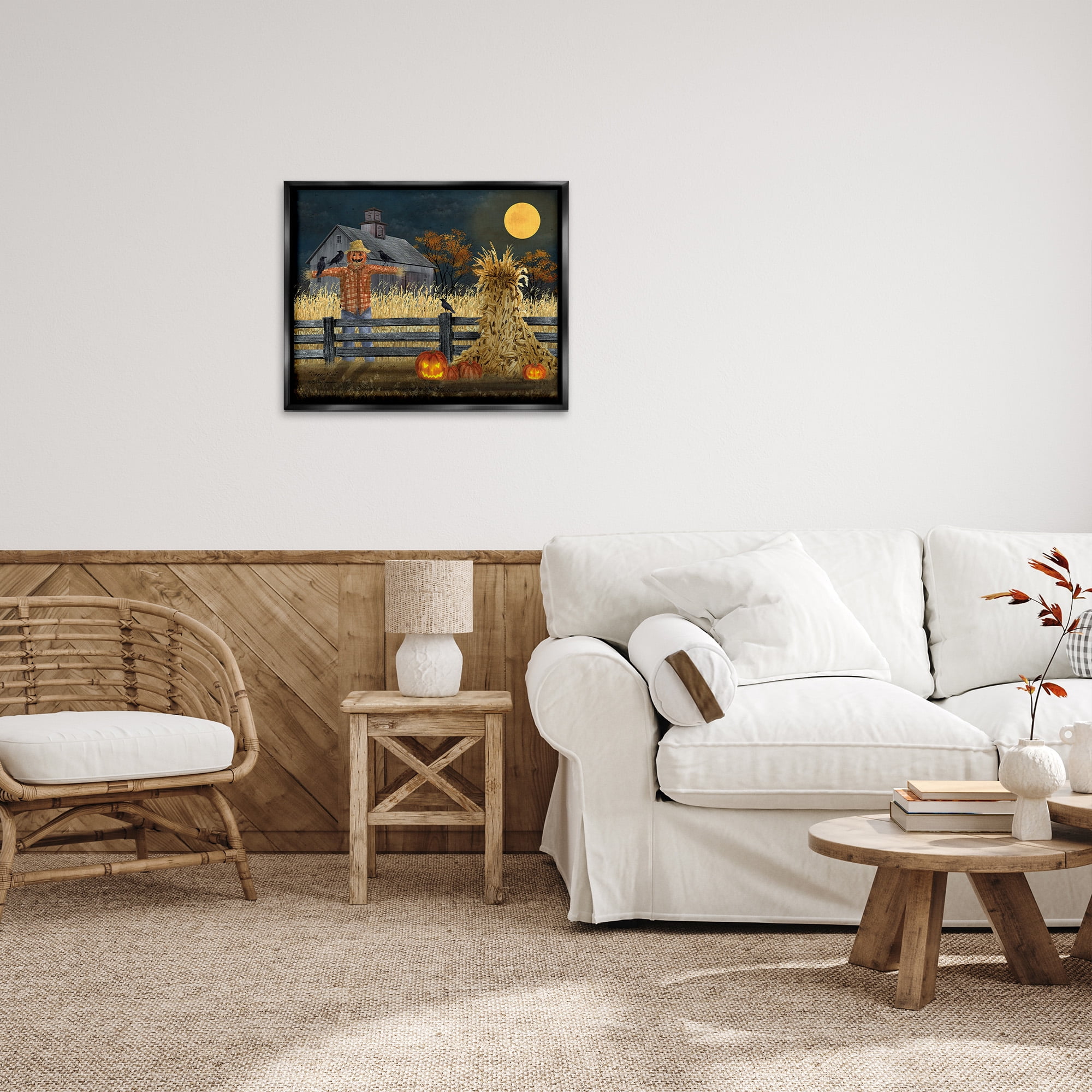 Stupell Industries Scarecrow Farm Landscape Holiday Painting Black Floater Framed Canvas Art Print Wall Art, 31 x 25
