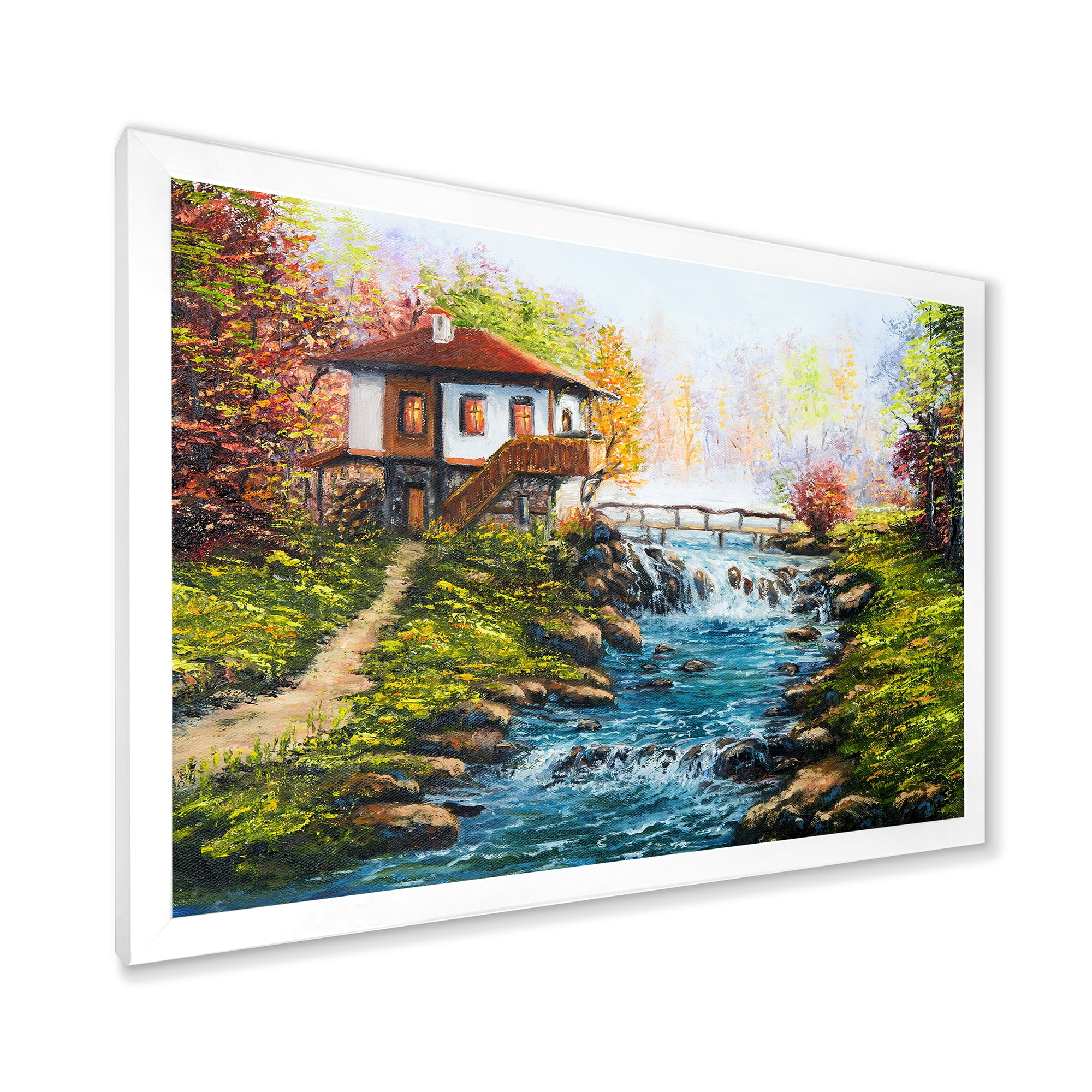 Designart 'Traditional Bulgarian River and House' Lake House Framed Art Print