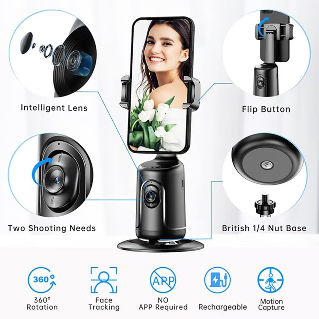 Smart AI Facial Recognition Phone Tripod, Auto Face Tracking Tripod 360 Rotation with Stand, Auto Face Tracking Phone Holder with Smart Trackings Gimbal for Content Creator