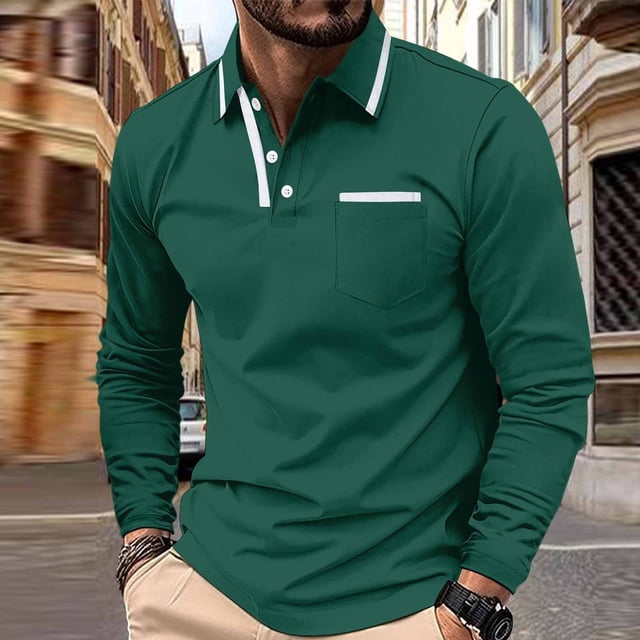 pstuiky camisas de manga larga para hombre, Camisa de manga larga con bolsillos y cuello abatible para hombre, color liso, informal salir tops s