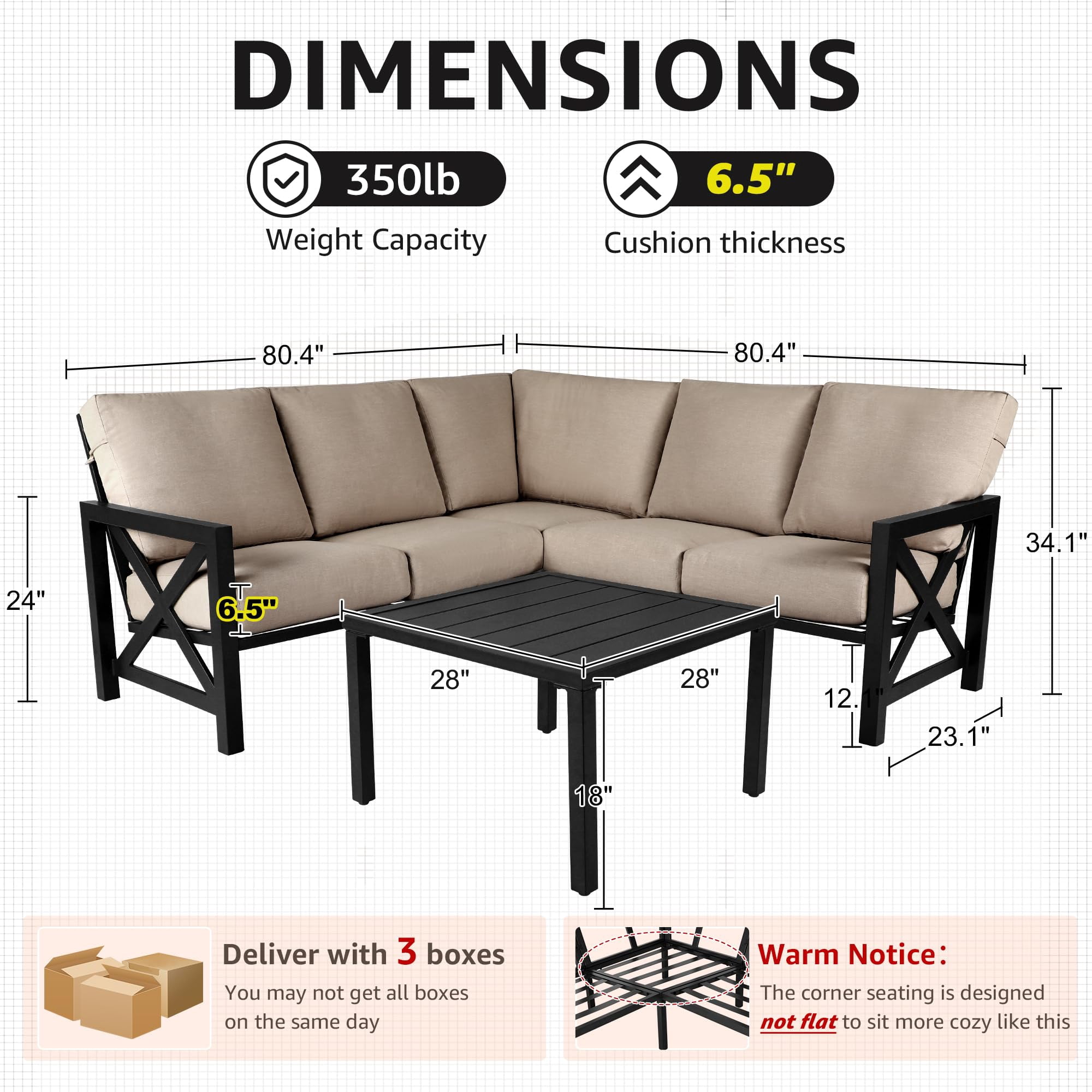 NATURAL EXPRESSIONS 6 Pieces Patio Furniture Sets, Metal Patio L Shape Sectional Couch Sofa Conversation Sets with 6.5" Shale Cushions,HighBack Hand-Brush Black Frame