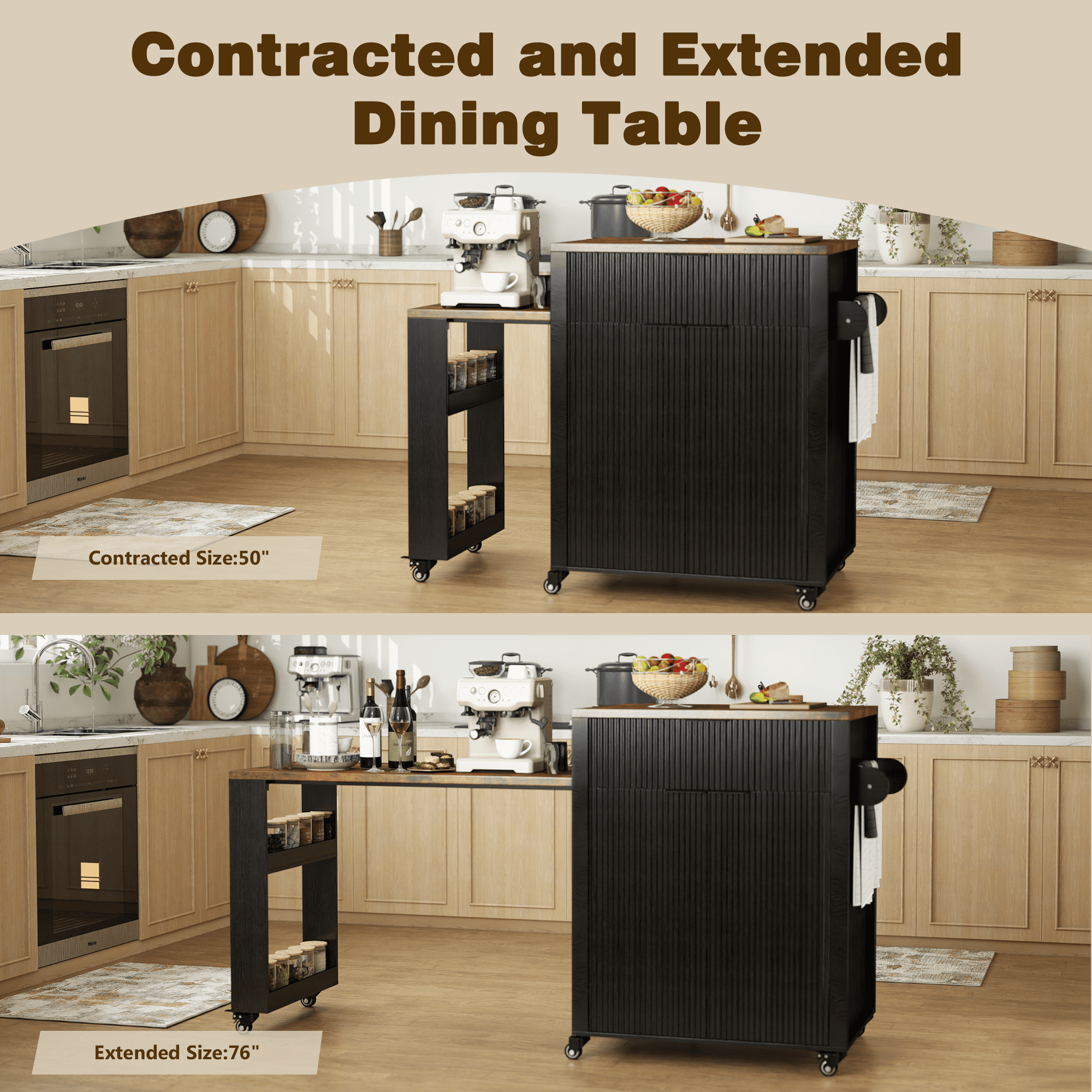 FOOWIN Kitchen Island with Extendable Dining Table, Mobile Island Table with Cabinets, Drawers, Power Outlets, Black