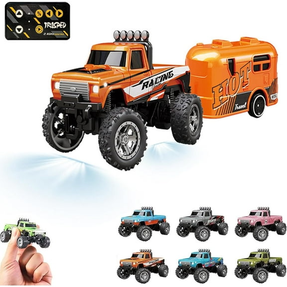 Mini RC Monster Truck, 2025 New Mini Rc Monster Truck, 1:64 Scale Monster Truck Remote Control Car with Lights, USB Rechargeable Mini RC Truck with Trailer, 2.4Ghz Remote Control