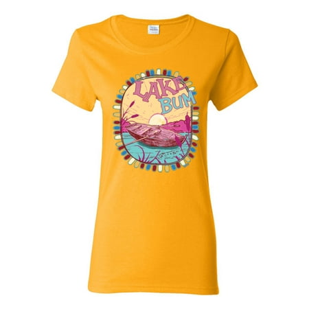 Wild Bobby Lake Bum Sunrise Vacation Boating Pink and Blue Humor Women Graphic Tee  Gold  3X-Large