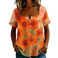 thumbnail image 2 of Yrmaups Loose Fit Short Sleeve T Shirt for Women Plus Size, Sunflower Square Neck Blouse, Casual Button Down Top, Soft Stretch Tee for Party Vacation Daily Wear, Orange XL, 2 of 8