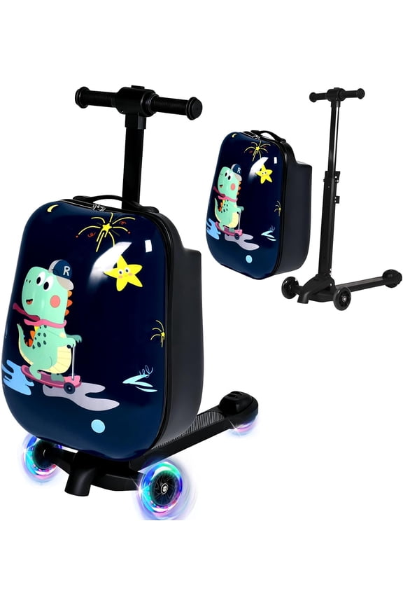 Scooter Luggage for Kids & Adults, 4-in-1 Detachable Foldable Hardside Ride on Suitcase with LED Wheels, Dinosaur Design Travel Luggage, Convertible Backpack Luggage, Dark Blue