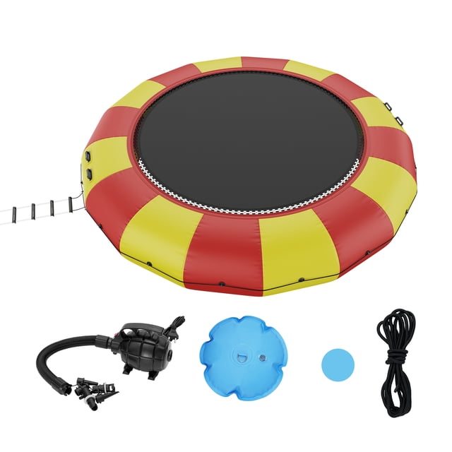 VEVOR 17ft inflatable water trampoline with a vibrant red and yellow striped design, featuring a large black bouncing surface. Includes accessories such as a reversible air pump, blue weight bag, patch pieces, weight rope, and a ladder for easy climbing. Made from durable PVC fabric, ideal for water sports, floating platforms, and recreational use on lakes, pools, and other water surfaces.