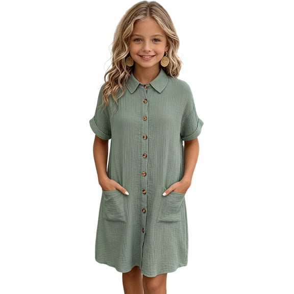 SUYIDA Kids Girls Casual Solid Color Button Dress, Mid Length Short Sleeve Loose Shirt, Comfortable Everyday Wear for Girls
