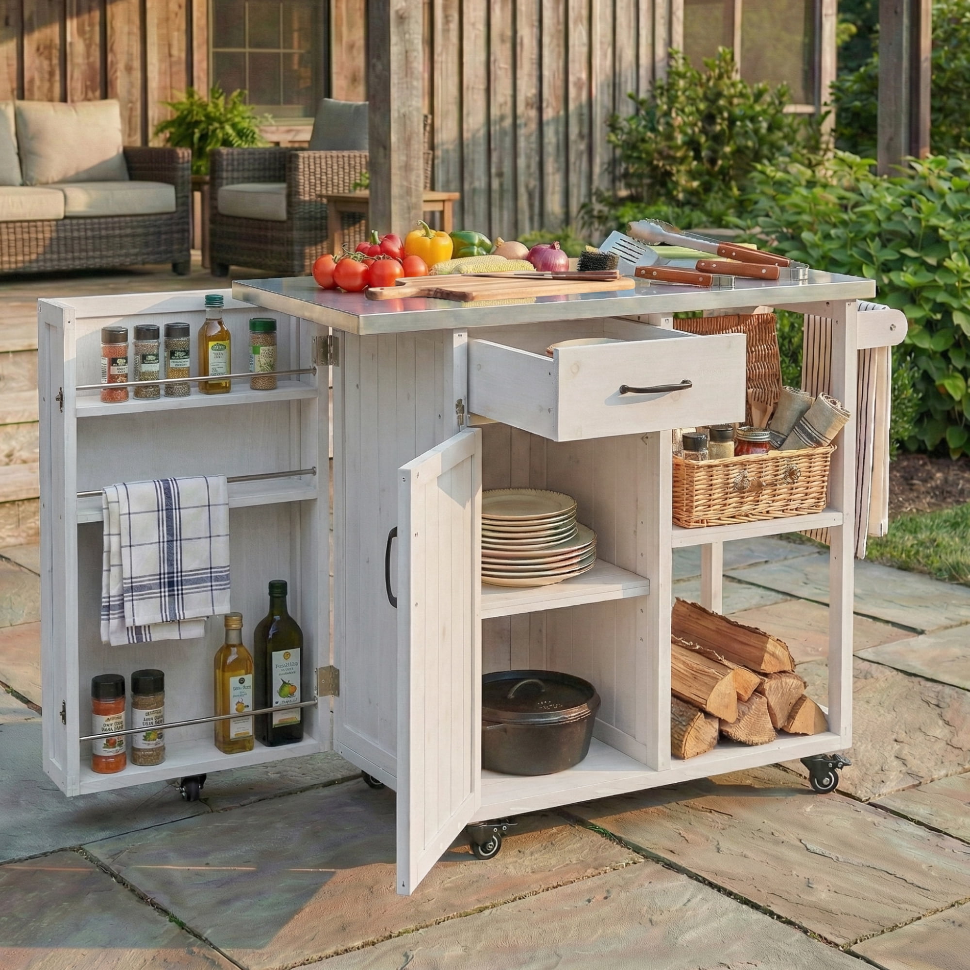 Fir Wood Kitchen Prep Station, Lockable Outdoor Cart with Stainless Steel Top for Patio, White