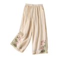 thumbnail image 2 of Endives Women' s Culottes Linen Blend Embroidered Wide Leg Pants Elastic Waist Casual Pants With Pockets Beige, 2 of 4