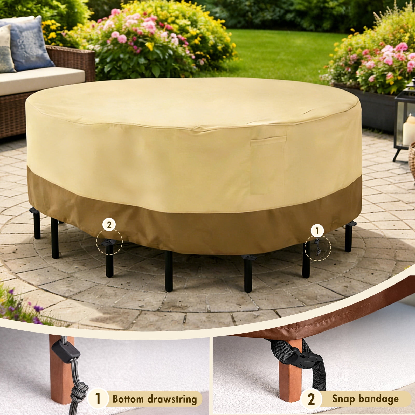 Round Patio Furniture Covers, 84" Dia Outdoor Furniture Covers, Waterproof Outdoor Table Cover, Fire Pit Cover, 420D Cover for Outdoor Furniture Set, Beige&Brown