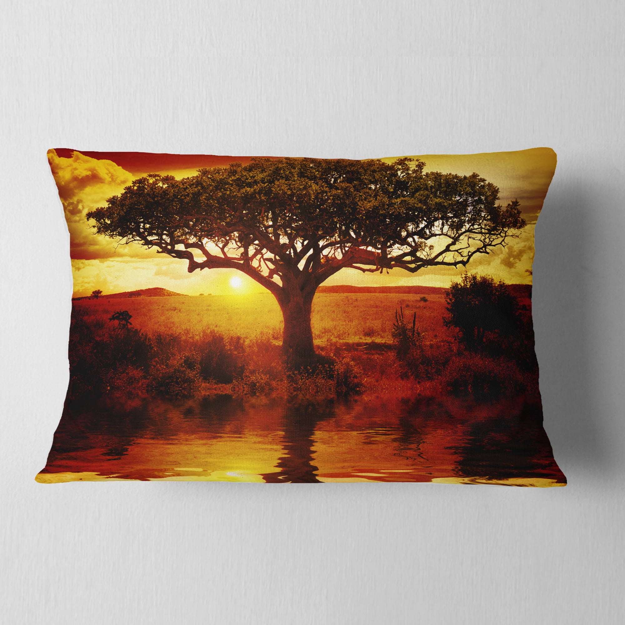 Designart Lonely Tree in African Sunset - African Landscape Printed Throw Pillow - 12x20