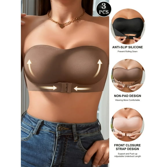 Aooho Strapless Silicone Bandeau Bra - Non-Padded Wireless Front Closure Tube Top for Women 3 PACK
