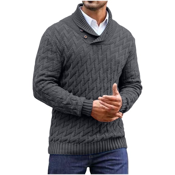 ZQUUVOU Men's Fall Sweater Solid Color Shawl Collar Herringbone Knit Sweater Button Long Sleeve Slim Fit Fall Trendy Clothes Dark Gray