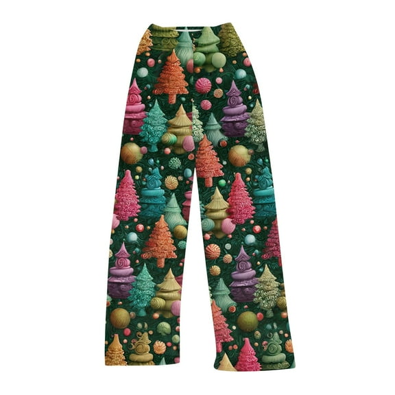 WTOBBY Women's Soft Plush Christmas Snowflake Tree Print Pajama Bottoms - Festive Holiday Sleepwear with Warm Fleece Lining for Winter Home Lounge and Casual Wear,Dark Green L