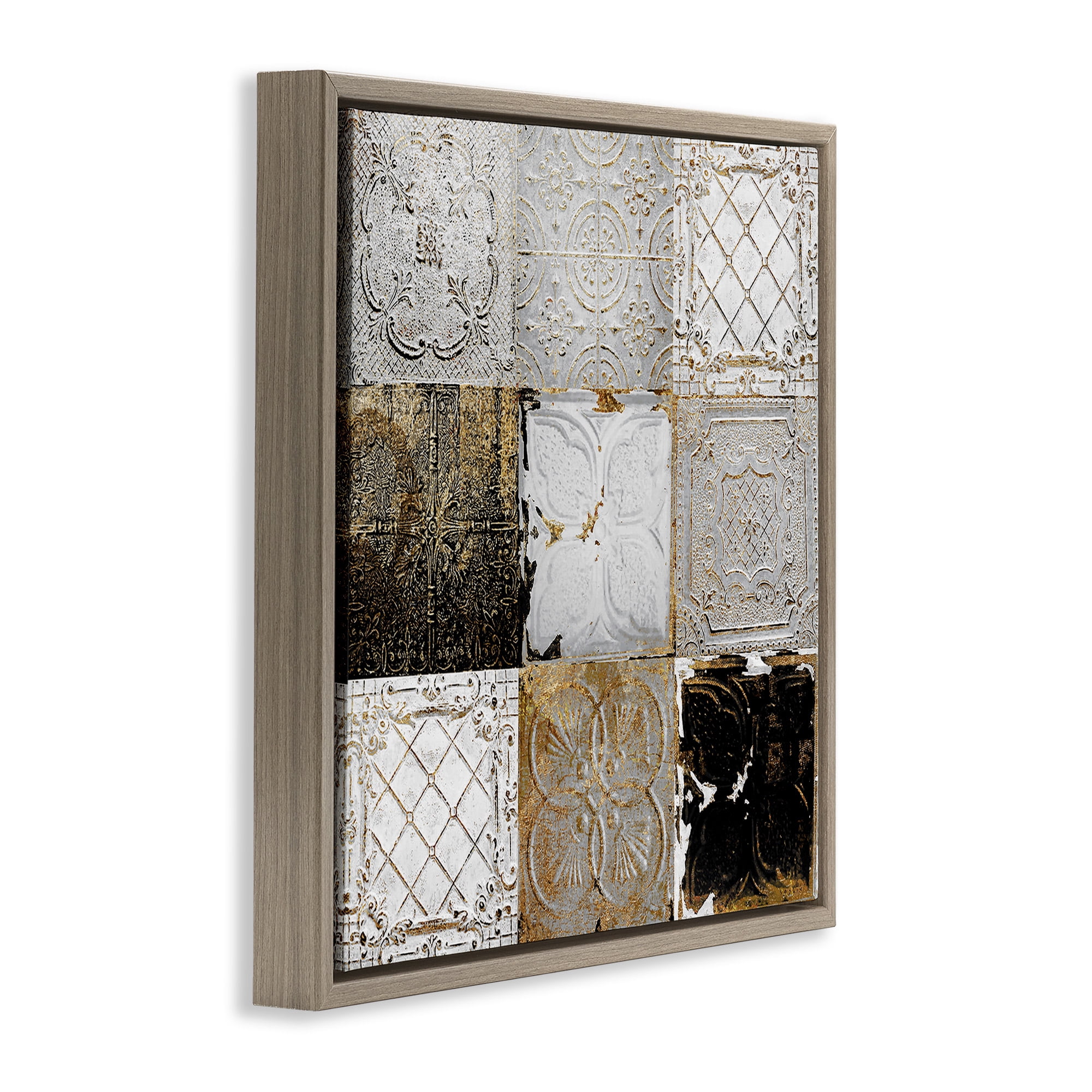 Stupell Industries Antique Ceiling Tile Collage Botanical & Floral Photography Brown Floater Framed Canvas Art Print Wall Art, 25 x 25