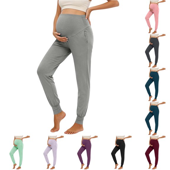 Gyujnb Full Belly Support Maternity Joggers With Side Pockets High Waist Stretchy Soft Pregnancy Yoga Sports Daily Pants,XL