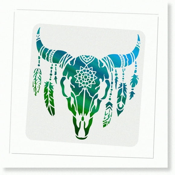 Feathered Bull Head Template - 11.8x11.8inch Plastic Cow Skull Stencil for Animal Skull Pattern Painting on Wood, Floor, Wall, and Tile
