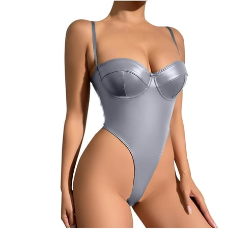 Oplxuo Women s PU Patent Leather Corset Lingerie Sexy Underwire Bodysuits Exotic Onesie Babydoll Nighty Boudoir Outfits