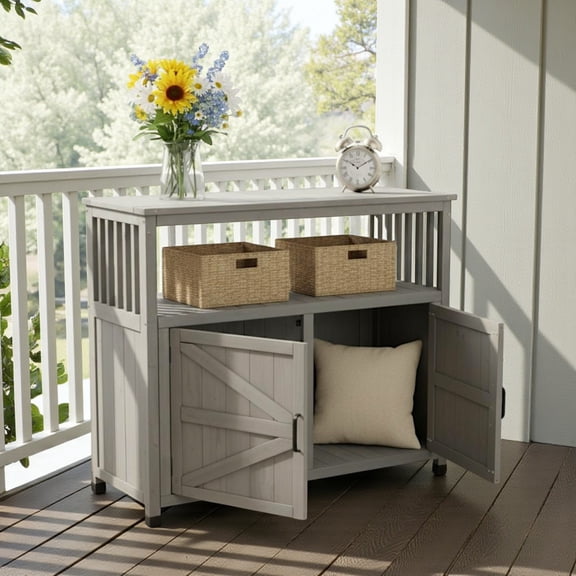 Gzxs Outdoor Bar Table with Storage, 42" Wood Buffet Cabinet Sideboard w/ 2 Doors and Open Shelf for Patio, Deck, or Indoor Use, Gray