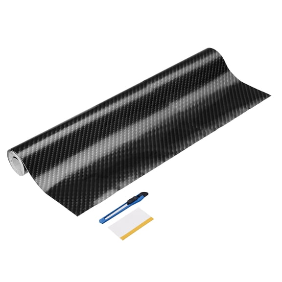 1 Set Carbon Fiber Vinyl Wrap 11.81" x 7ft Self-Adhesive Car Sticker Waterproof Wrap Roll for DIY Decor Automotive Exterior Interior Protection with Scraper Tool, Silver Black