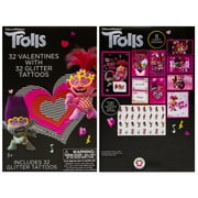 INTERNATIONAL GREETINGS Trolls 32 Count School Valentines Day Illustrated Cards with Matching Stickers or Tattoos