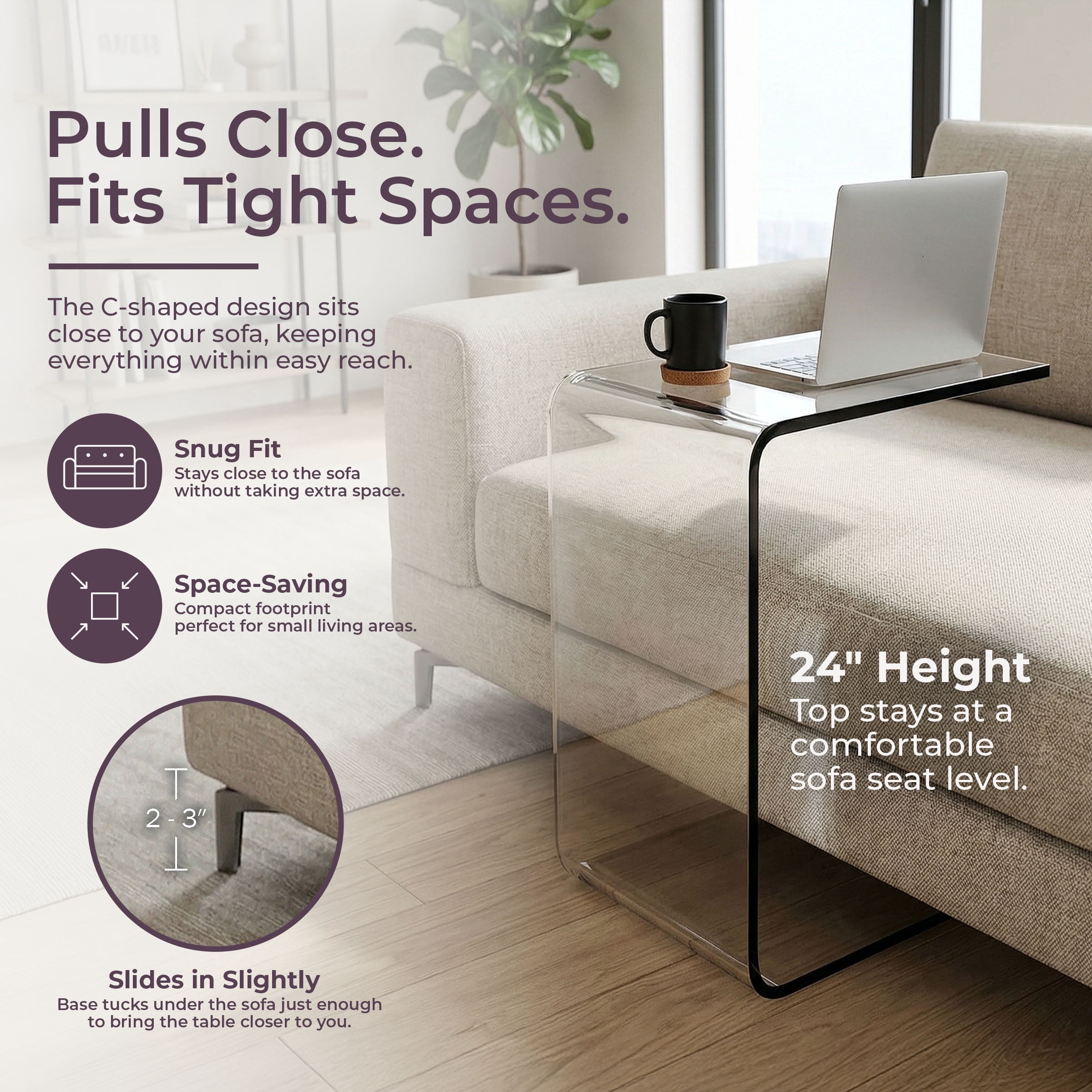 Lavish Home Acrylic Side Table, C-Shaped End Table, Laptop Lap Desk for Working, Writing, or Coloring, Modern Acrylic Furniture for Living Room, Bedroom, and Office