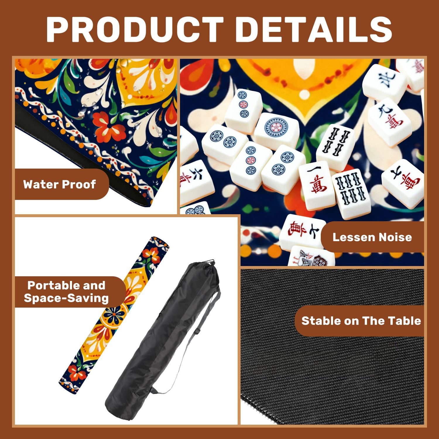 Mahjong Mat 31.5" x 31.5" Floral Mandala Geometric Warm Orange Coral Symmetry Non-Slip Noise Reduction Mahjong Tiles Table Cover for Dominoes Poker Card Board and Tile Games