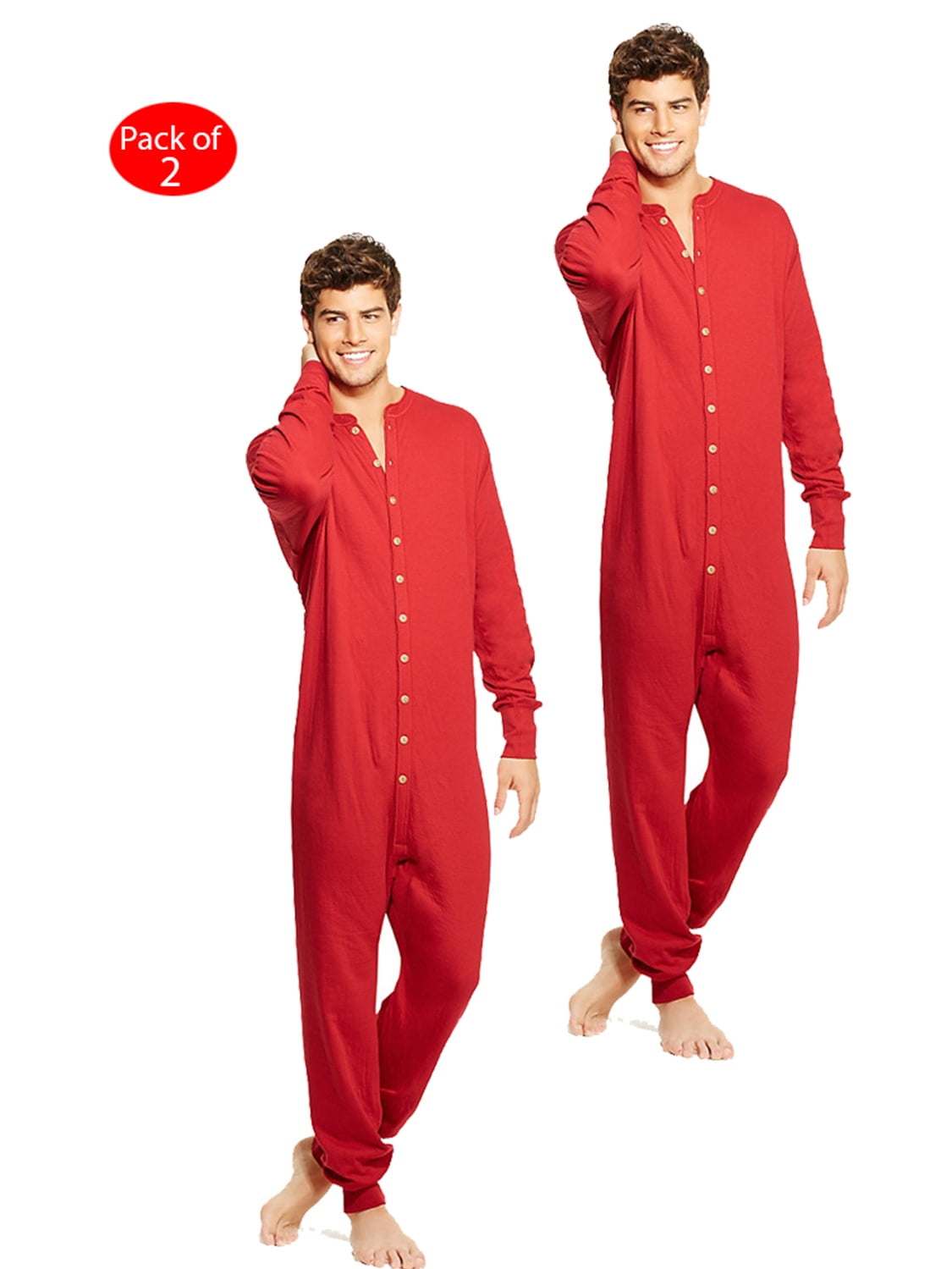 L Duofold by Champion Men/’s Full Button Front Base Layer Union Suit Red