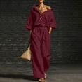 thumbnail image 2 of Women's Linen 2 Piece Outfit Oversized Button Down Shirts High Waist Pleated Wide Leg Pants Matching Tracksuit Set office Casual Outfits Wine, 2 of 7