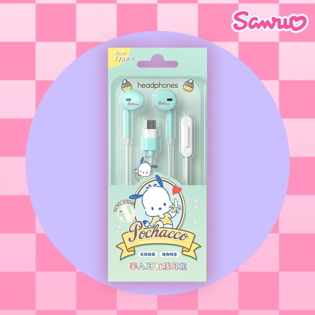 Miniso Sanrio JS-0194 lindos auriculares con cable Kuromi Pochacco auriculares deportivos Kawaii Hello Kitty Cinnamoroll auriculares con colgante