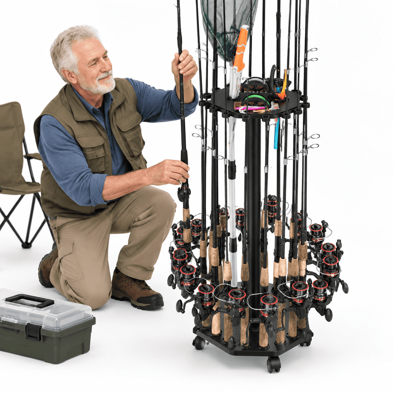 Black Fishing Rod Rack with 16-Rod Storage and Mobile Casters for Garage Organization